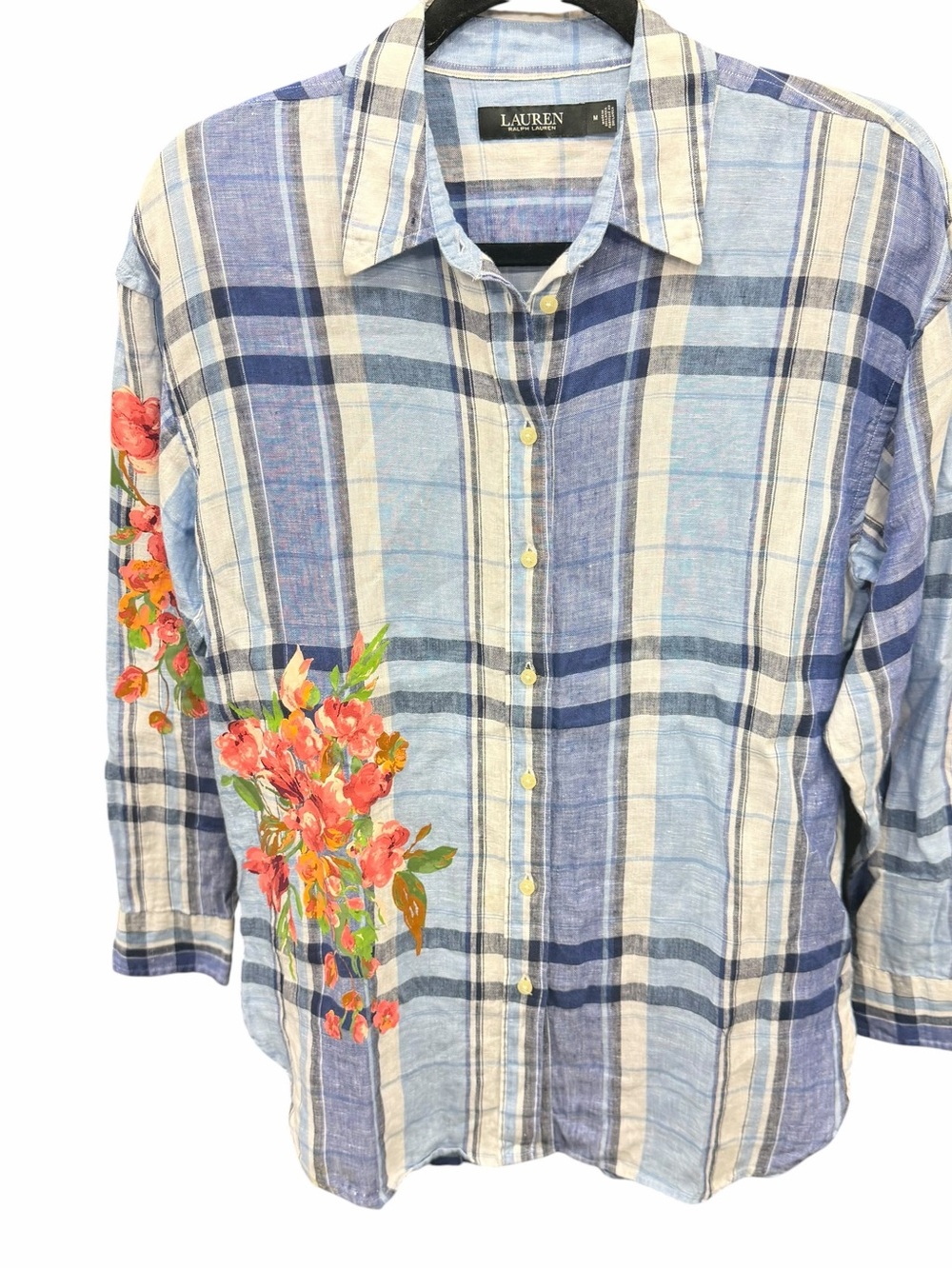 Ralph Lauren Blue and White Plaid Button-Down Shirt with Coral Floral Accent